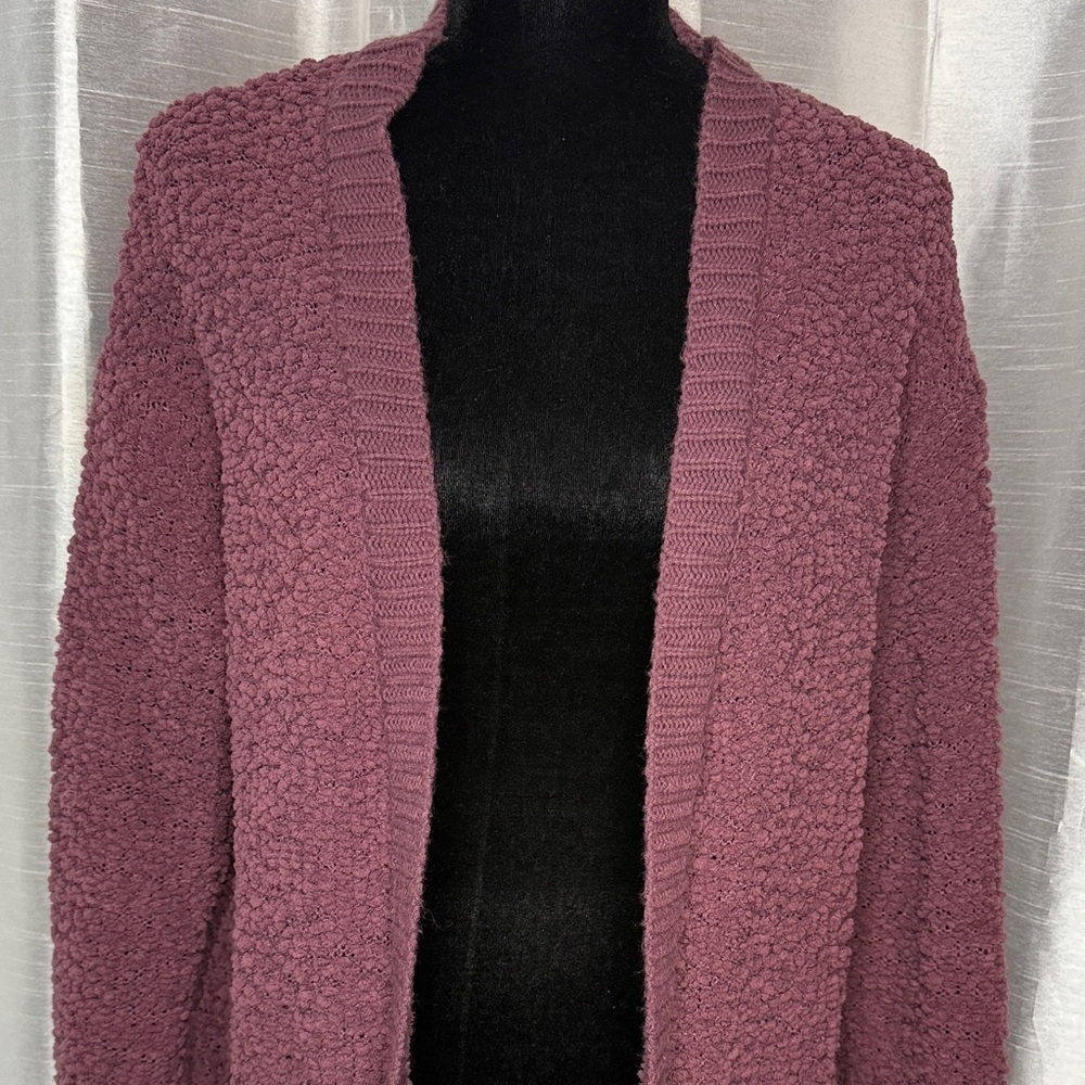 Zenana Premium Open Cardigan Long Line Plum Popcorn Knit Office Layer Pockets S